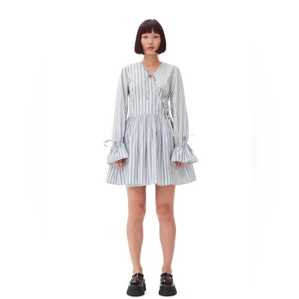 Ganni Blue and White Striped Long Sleeve Dress